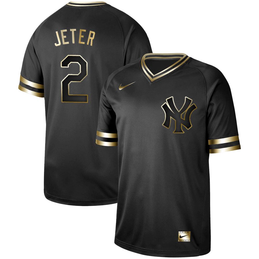 Men New York Yankees 2 Jeter Nike Black Gold MLB Jerseys